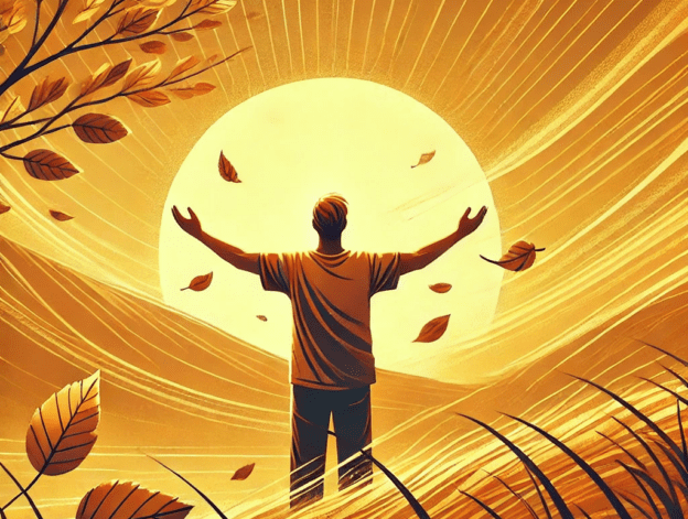 An uplifting digital illustration of a person standing outdoors with arms outstretched towards the sky, embracing gratitude and appreciation. A golden sunrise in the background symbolizes positivity and renewal, while autumn leaves gently float in the air, creating a peaceful and reflective atmosphere.