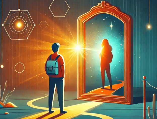 A visually engaging digital illustration of a person standing in front of a mirror, deeply reflecting on their own image. The scene symbolizes self-awareness and personal growth, featuring a glowing mirror, a path leading forward, and abstract representations of strengths and weaknesses. Warm and inviting colors convey introspection and enlightenment.