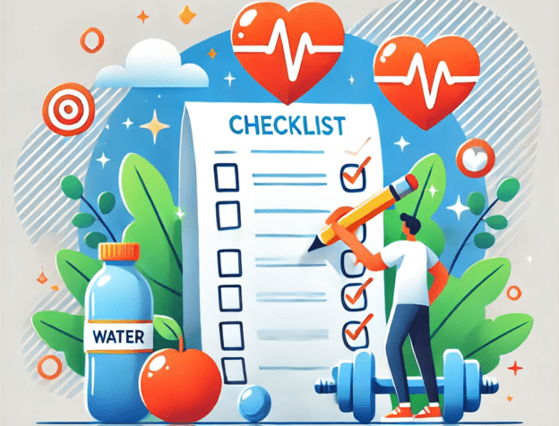 A bright and inspiring digital illustration featuring a person tracking their wellness goals on a checklist, with symbols of health such as a water bottle, dumbbells, and a heart rate icon surrounding them. The image conveys motivation, structure, and the power of SMART goal setting for wellness