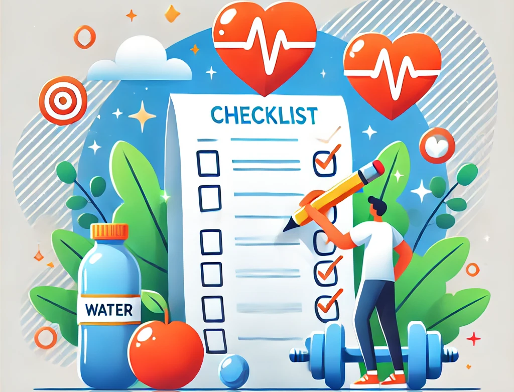 A bright and inspiring digital illustration featuring a person tracking their wellness goals on a checklist, with symbols of health such as a water bottle, dumbbells, and a heart rate icon surrounding them. The image conveys motivation, structure, and the power of SMART goal setting for wellness