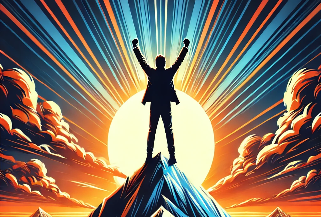 A dynamic and motivational digital illustration of a silhouette standing triumphantly at the peak of a mountain, arms raised in victory. A bright sunrise illuminates the sky in the background, symbolizing optimism, growth, and the power of mindset in achieving success.