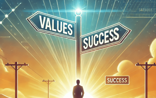 A visually engaging digital illustration depicting a person standing at a crossroads with signposts labeled 'Values,' and 'Success.' The individual appears contemplative, looking toward the signpost that represents their core values. A warm sunrise in the background casts a golden glow, symbolizing clarity, self-discovery, and alignment with personal values.