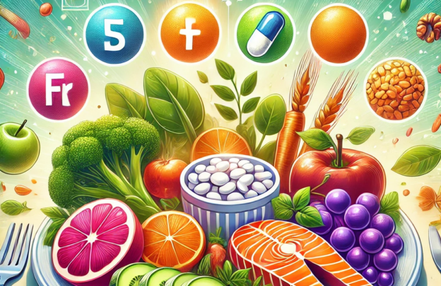 A vibrant digital illustration showing a healthy balanced meal with colorful fruits, vegetables, whole grains, protein sources, and a vitamin pill icon. The image visually represents the importance of both macronutrients and micronutrients in a nutritious diet.